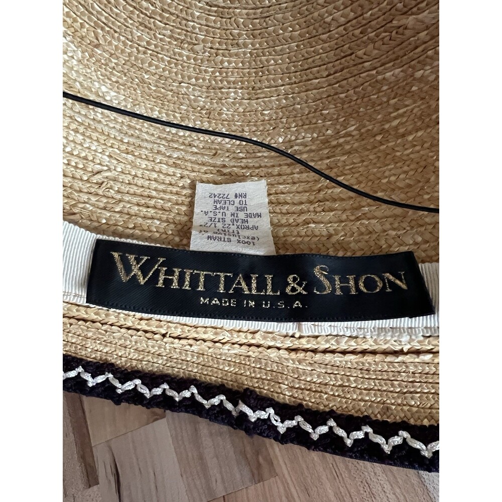 Vintage Women's Straw Boater Hat Wide Brim Blue White Grosgrain Ribbon Bow - Picture 5 of 8